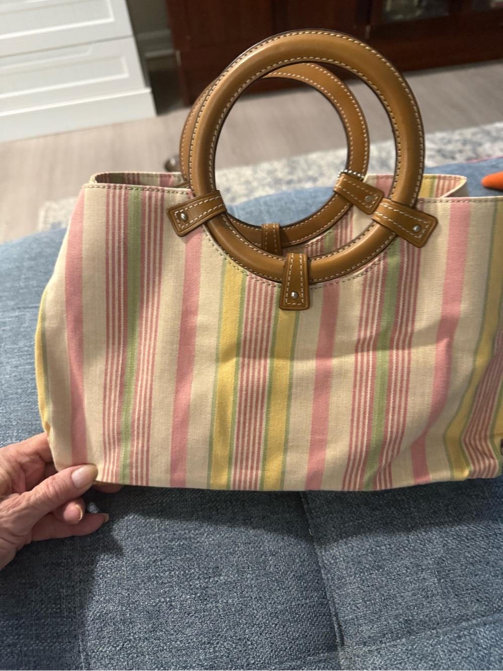 Striped Canvas Tote with Tan Leather Ring Handles